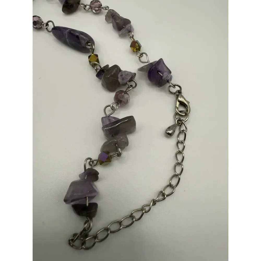 Silver Tone‎ Amethyst Beaded Necklace and Earring Set Pierced 24” Artisan Boho